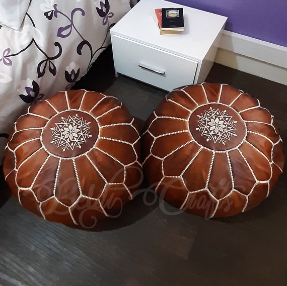 Set Of 2 Handmade Moroccan Leather Poufs – Brown Genuine Leather, Tufted Footstool Ottoman, 20x12 Inches