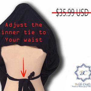 May include: Black hooded wrap with a tie that can be adjusted to fit your waist. The text "Adjust the inner tie to your waist" is printed on the wrap. The price is $35.99 USD.