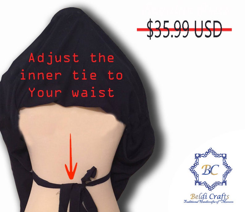 May include: Black hooded wrap with a tie that can be adjusted to fit your waist. The text "Adjust the inner tie to your waist" is printed on the wrap. The price is $35.99 USD.
