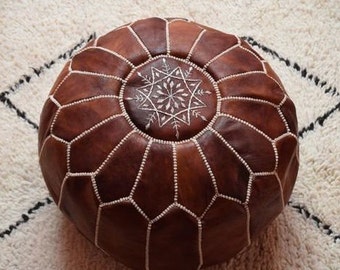 Leather pouf, Moroccan POUF with White Stitching, ottoman pouf, Morrocan leather pouf, Brown pouf, Ottoman, Leather ottoman, UNSTUFFED