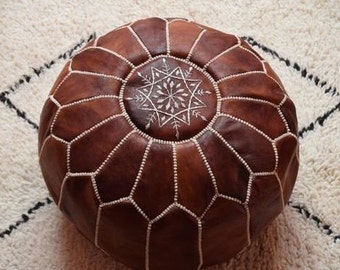 Pouf en cuir, POUF marocain avec surpiqûres blanches, pouf ottoman, pouf en cuir marocain, pouf marron, pouf, pouf, pouf en cuir, NON FARCI