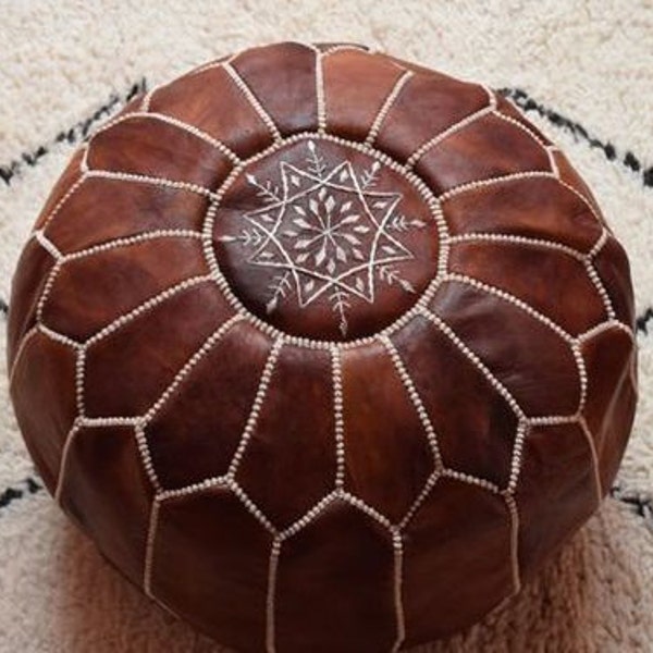 Leather pouf, Moroccan POUF with White Stitching, ottoman pouf, Morrocan leather pouf, Brown pouf, Ottoman, Leather ottoman, UNSTUFFED