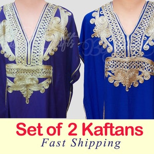 May include: Set of two kaftans, one purple and one blue, with gold embroidery. "Set of 2 Kaftans Fast Shipping" text is visible at the bottom of the image.