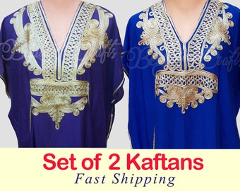 Kaftan Kaftan Zestaw 2 Kaftanów Kaftan Maxi Sukienka ze złotym haftem, sukienka kaftan de plage Kaftan plażowy Czerwony kaftan Biały kaftan Niebieski kaftan