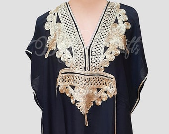 Kaftan Czarny Złoty, Kaftan, kaftan, sukienka maxi ze złotym haftem, Czarno-złoty, sukienka, plażowy kaftan, miękki kaftan, szlafrok, szybka wysyłka