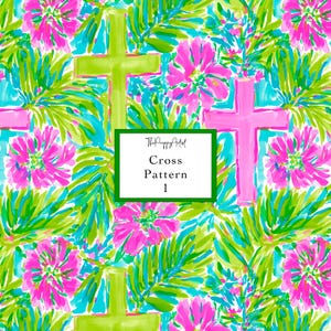 May include: A vibrant pattern featuring pink crosses, flowers, and green foliage against a white background. The design includes the text "Cross Pattern 1" within a green-bordered rectangle. The overall aesthetic is bright and colorful.