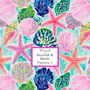 May include: Watercolor pattern featuring pink starfish and seashells in shades of pink, blue, and green on a light blue background. The text "Starfish & Shells Pattern 1" is displayed in a pink box.