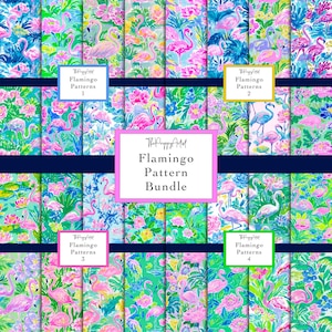 May include: A collection of colorful flamingo patterns. The patterns feature pink flamingos, flowers, and foliage in shades of pink, blue, and green. The text "Flamingo Pattern Bundle" is displayed in the center, with "Flamingo Patterns 1, 2, 3, and 4" in the corners.