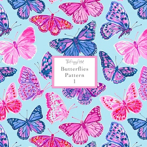May include: A repeating pattern of colorful butterflies in shades of pink, purple, and blue on a light blue background. The butterflies have detailed wing patterns. The text "Butterflies Pattern 1" is displayed in a pink box.