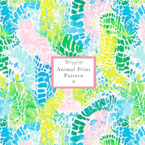 May include: Abstract animal print pattern in shades of blue, green, pink, and yellow. The design features irregular shapes resembling animal markings. The text "Animal Print Pattern 4" is displayed in a pink-bordered white box.