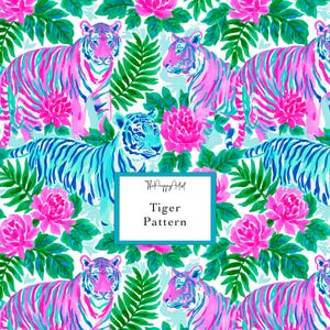 May include: A repeating textile pattern featuring tigers in shades of pink and blue, interspersed with vibrant green tropical leaves and bright pink flowers. A central white rectangular label displays the text ThePreppyArtist Tiger Pattern.