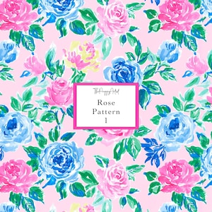 May include: A floral pattern featuring watercolor roses in shades of pink and blue, with green leaves, set against a light pink background. The design includes the text "Rose Pattern 1" within a pink-bordered white rectangle.