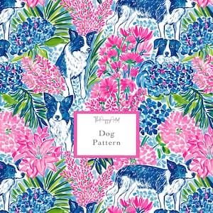 May include: A repeating pattern featuring black and white border collie dogs interspersed with vibrant pink flowers, blue hydrangea clusters, and green palm leaves. A central white rectangular label contains the text ThePreppyArtist Dog Pattern.