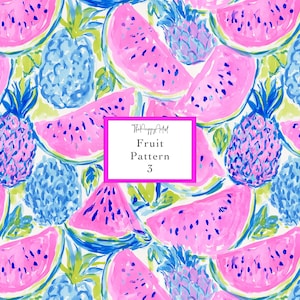 May include: A vibrant fruit pattern featuring pink watermelon slices and blue pineapples on a white background. The design includes green leaves and the text "Fruit Pattern 3" in a pink-bordered box. The artwork is by "The Preppy Artist."