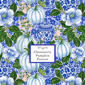 May include: A repeating pattern featuring white pumpkins, blue and white ginger jars, and large white flowers with green leaves on a light purple background. A central rectangular label displays the text ThePreppyArtist Chinoiserie Pumpkin Pattern.