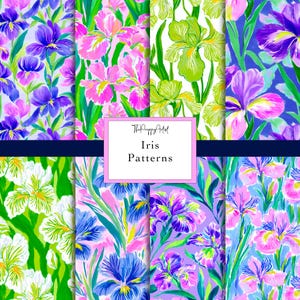 May include: Eight vibrant iris flower patterns in a variety of colours. The designs showcase detailed floral illustrations in shades of purple, pink, green, and blue. The text "Iris Patterns" is displayed on a pink background.