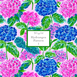 May include: A vibrant floral pattern featuring pink and blue hydrangea blooms with green leaves on a light pink background. The design includes the text "Hydrangea Pattern 1" in a green-bordered white box.