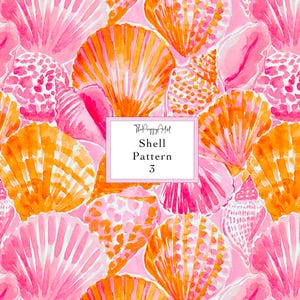 May include: A vibrant watercolour pattern of seashells in pink and orange hues on a pink backdrop. The text "Shell Pattern 3" is in a white box. The design is by "The Preppy Artist".