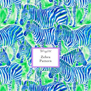 May include: A repeating pattern of zebras rendered in vibrant blue and green watercolour strokes against a white background. A central white rectangular label with a purple border displays the text ThePreppyArtist Zebra Pattern.