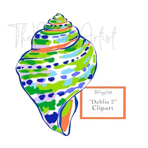 May include: A colorful seashell illustration with a vibrant design. The shell features a mix of green, blue, orange, and purple hues. The text "Dahlia 2" Clipart is displayed in an orange box.
