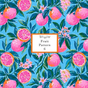 May include: A vibrant, repeating pattern featuring pink and orange citrus fruits with green leaves and small pink flowers on a light blue background. The text "Fruit Pattern 6" is displayed in a white box with an orange border.