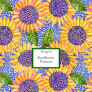 May include: A repeating pattern of sunflowers with yellow and pink petals, dark purple centers, and green leaves against a blue dotted background. A white rectangular label in the center features the text ThePreppyArtist Sunflower Pattern.