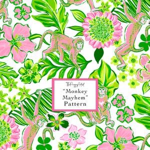 May include: A vibrant pattern featuring pink monkeys, flowers, and green leaves on a white background. The design includes the text "Monkey Mayhem Pattern" in a pink box. The overall theme is tropical and playful.
