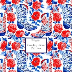 May include: A repeating pattern featuring watercolor-style cowboy boots in blue and white, interspersed with vibrant red flowers and blue foliage on a white background. A central rectangular label displays the text ThePreppyArtist Cowboy Boot Pattern.