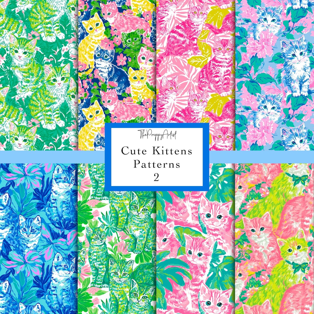 Daniel Kitty Pattern Cute Kitten Patterns, Preppy Cat Pattern Set (8 Digital Designs Each ...