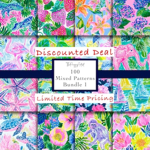 May include: A collection of colorful digital patterns featuring various tropical and floral designs. The patterns include images of flamingos, strawberries, and lilies. The text in the image reads "Discounted Deal" and "Limited Time Pricing". The center of the image reads "100 Mixed Patterns Bundle 1".
