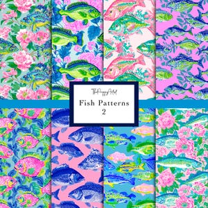 Puede incluir: Una colección de coloridos patrones de peces en varios diseños. Los patrones presentan peces en tonos azules, verdes, rosas y amarillos, sobre fondos florales y lisos. El texto "Fish Patterns 2" se muestra en un cuadro blanco.