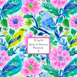 Seamless Birds and Flowers Pattern, Repeat Preppy Bird Print (1 Digital Design 12x12")