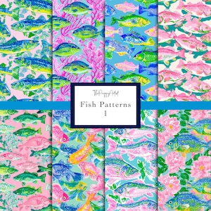 Puede incluir: Se muestran ocho patrones de peces coloridos, cada uno con una disposición única de peces en tonos de azul, verde, rosa y amarillo. Estos se establecen sobre fondos rosas, azules y verdes. El texto "Fish Patterns 1" se muestra en un cuadro blanco.