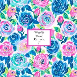 May include: A floral pattern featuring stylized roses in shades of pink, blue, and teal on a white background. The design includes open blooms, buds, and green leaves. The text "Rose Pattern 7" is displayed in a pink box.
