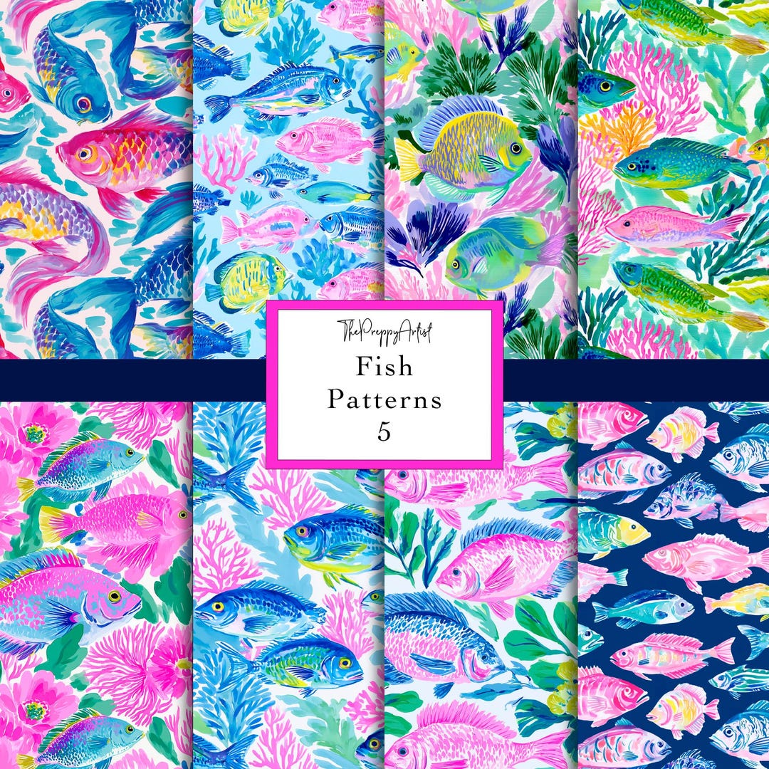 Seamless Colourful Fish Pattern Set (8 Digital Designs Each 12x12
