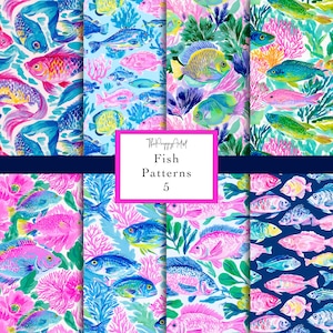 Puede incluir: Una colección de coloridos patrones de peces en varios diseños. Los patrones presentan peces vibrantes en tonos de rosa, azul, amarillo y verde, sobre fondos de coral y plantas acuáticas. El texto "Fish Patterns 5" se muestra en un cuadrado rosa y blanco.