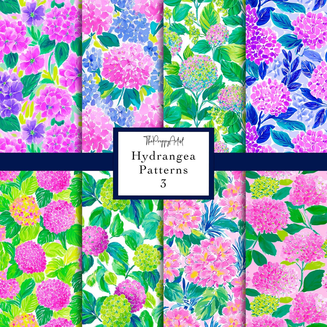 Hydrangea Pattern Set, Seamless Summer Floral Patterns (8 Digital ...