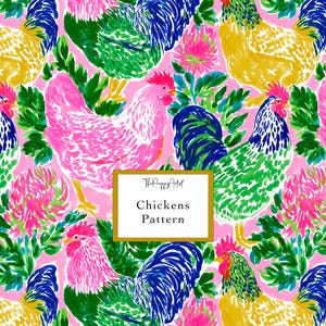 May include: A vibrant fabric pattern featuring multiple chickens in shades of pink, yellow, green, and blue, interspersed with bright pink flowers. A central white rectangular label displays the text ThePreppyArtist Chickens Pattern.
