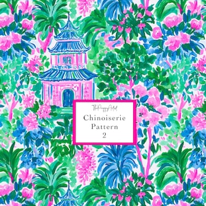 May include: A colorful Chinoiserie pattern featuring a pink and blue pagoda, surrounded by pink flowers, green foliage, and blue accents. The text "Chinoiserie Pattern 2" is displayed in a pink rectangle.