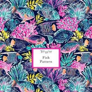 May include: A repeating pattern of tropical fish and coral on a dark blue background. The fish are depicted in shades of blue, pink, and orange. A white rectangular box in the center contains the text ThePreppyArtist Fish Pattern.