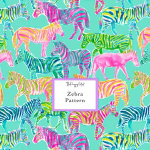 May include: A repeating pattern of zebras in vibrant shades of pink, yellow, green, and blue against a bright turquoise background. A central white rectangular label with a purple border displays the text ThePreppyArtist Zebra Pattern.