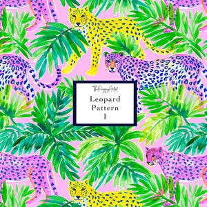 May include: A vibrant pattern featuring yellow and pink leopards with green tropical foliage on a pink background. The text "Leopard Pattern 1" is displayed in a white box with a navy blue border.