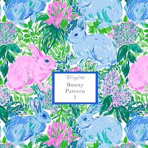 May include: A colorful pattern featuring bunnies in shades of blue and pink, surrounded by green foliage and pink flowers. The text "Bunny Pattern 1" is displayed in a blue-bordered white rectangle. The Preppy Artist logo is also visible.