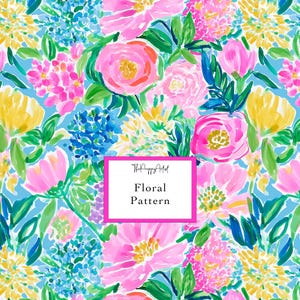 May include: A vibrant floral pattern featuring painted pink, yellow, and blue flowers with green leaves on a light blue background. A white rectangular box in the center contains the black text ThePreppyArtist and Floral Pattern.