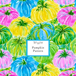 May include: A repeating pattern of pumpkins in vibrant shades of pink, yellow, blue, and green. A central white rectangular label with a blue border features the text ThePreppyArtist Pumpkin Pattern in black, centered against the colorful pumpkin design.