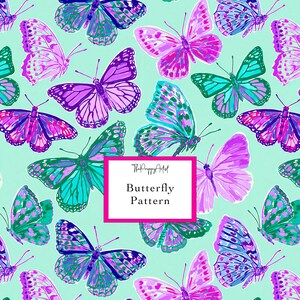 May include: A repeating pattern of butterflies in shades of purple, pink, and teal on a light mint green background. A central white rectangular label with a pink border displays the text ThePreppyArtist Butterfly Pattern in black font.