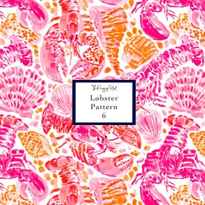 May include: A vibrant watercolor pattern featuring lobsters, shells, and coral in shades of pink, orange, and red on a white background. The text "Lobster Pattern 6" is displayed in a navy blue box. The Preppy Artist.