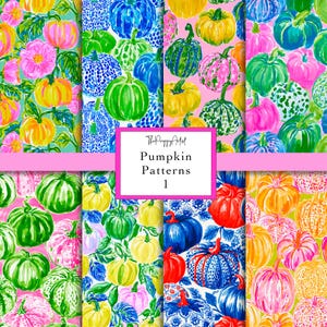 Preppy pumpamönster, färgglatt höstmönsterset, färgglada pumpatryck (8 digitala designer vardera 12x12")