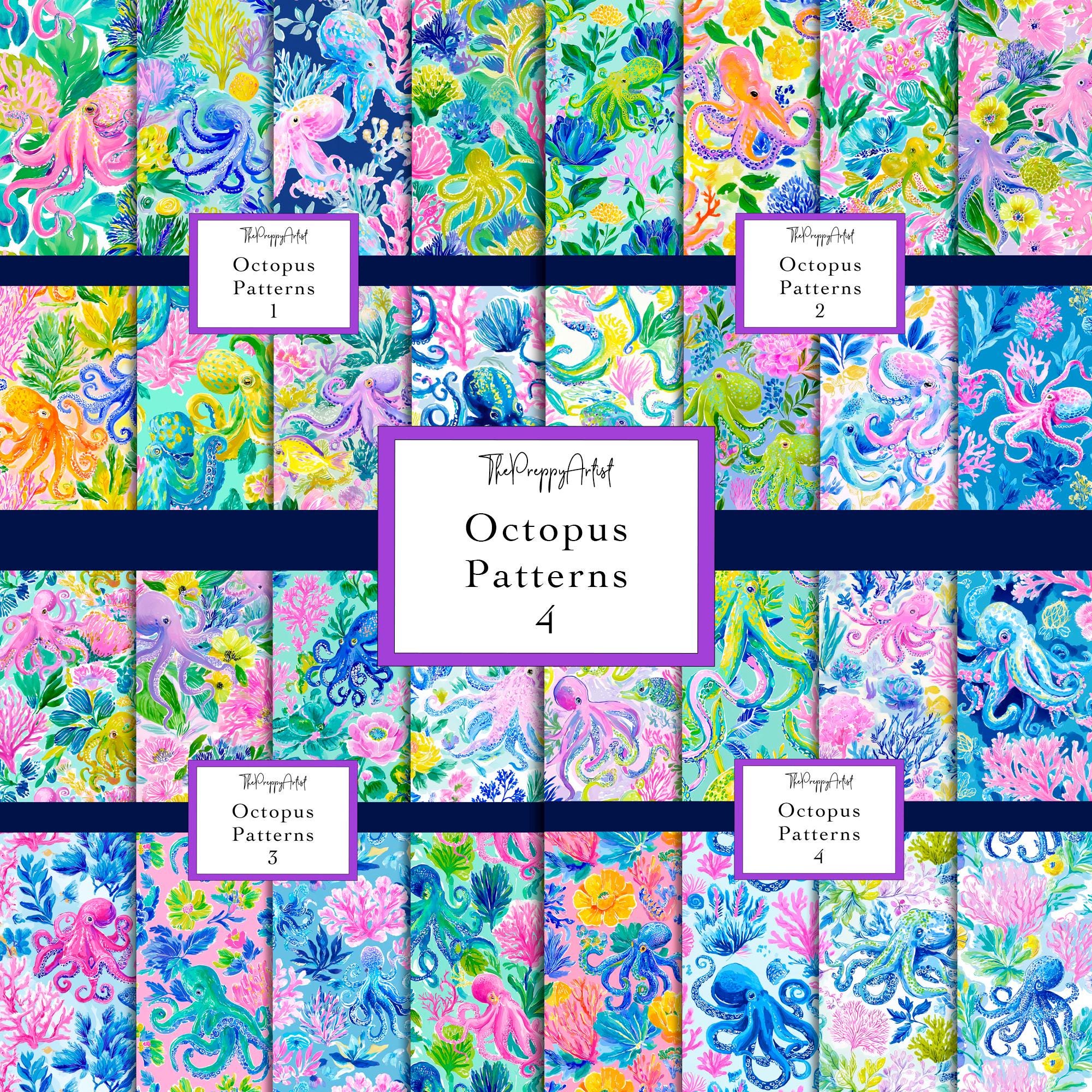 Seamless Octopus Pattern Bundle, Colourful Octopus Patterns, Ocean ...