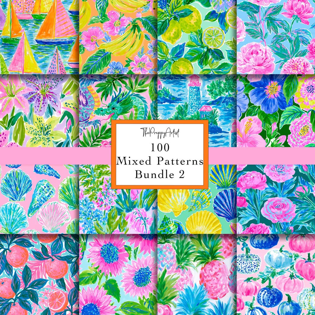 Seamless Preppy Patterns, Colourful Tropical Repeat Print Bundle (100 ...